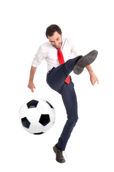 Empresário Chutando Uma Bola Futebol Isolado Branco — Fotografia de Stock