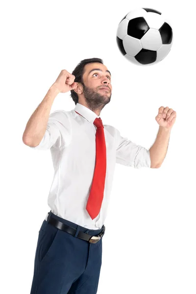 Empresário Com Bola Futebol Jogando Isolado Branco — Fotografia de Stock