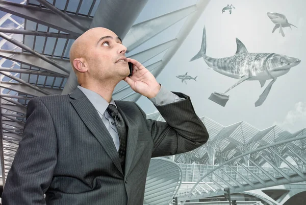 Businessman Stock Broker Phone Surrounded Business Sharks — Stock Photo, Image