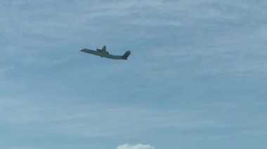 Uçak mavi gökyüzünde uçar. Ağaçlar ve bitki örtüsü ile göster.