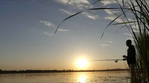 Een Man Met Een Hengel Aan Oever Van Het Meer — Stockvideo