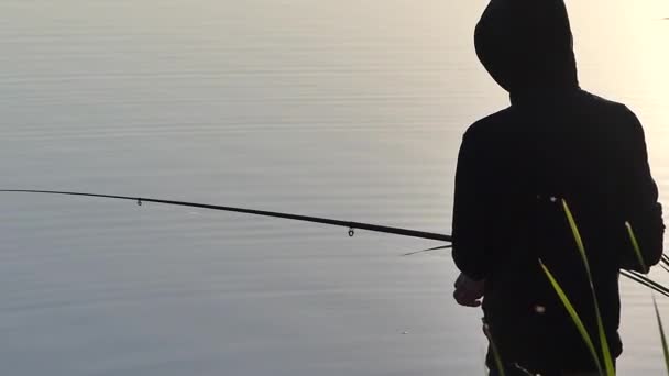 Hombre Con Una Caña Pescar Orilla Del Lago Está Pescando — Vídeo de stock