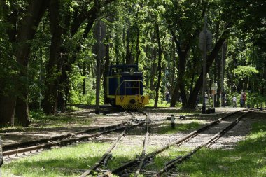 Kiev, Ukrayna - 19 Mayıs 2018: Lokomotif ormanın ortasında demiryolu parça boyunca seyahat.