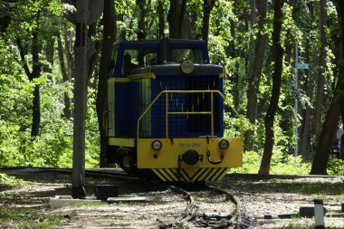 Kiev, Ukrayna - 19 Mayıs 2018: Lokomotif ormanın ortasında demiryolu parça boyunca seyahat.
