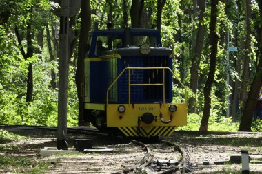 Kiev, Ukrayna - 19 Mayıs 2018: Lokomotif ormanın ortasında demiryolu parça boyunca seyahat.