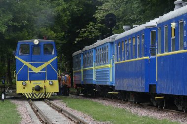 Kiev, Ukrayna - 19 Mayıs 2018: Lokomotif Binek araba kullanıyor. Oyuncak tren. Tren. Lokomotif bir dar hat demiryolu gidiyor.