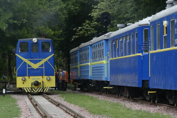 Kiev, Ukrayna - 19 Mayıs 2018: Lokomotif Binek araba kullanıyor. Oyuncak tren. Tren. Lokomotif bir dar hat demiryolu gidiyor.