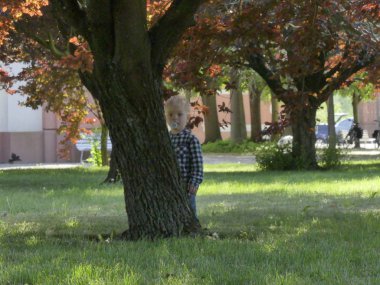 Prag, Çek Cumhuriyeti - 7 Mayıs 2018: Bahçede bir ağaç yakınındaki iki yaşında bir çocuk duruyor. Yakınındaki bir ağaç bahçe çim üzerinde sarışın bir çocuk duruyor.