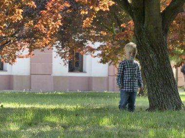Prag, Çek Cumhuriyeti - 7 Mayıs 2018: Bahçede bir ağaç yakınındaki iki yaşında bir çocuk duruyor. Yakınındaki bir ağaç bahçe çim üzerinde sarışın bir çocuk duruyor.