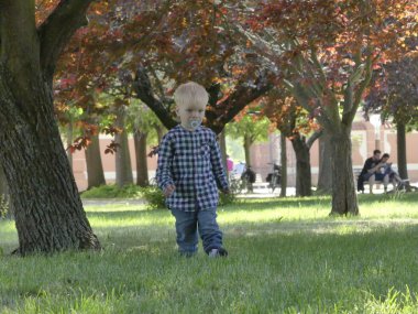 Prag, Çek Cumhuriyeti - 7 Mayıs 2018: Bahçede bir ağaç yakınındaki iki yaşında bir çocuk duruyor. Yakınındaki bir ağaç bahçe çim üzerinde sarışın bir çocuk duruyor.