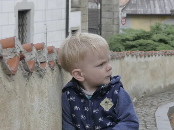 Cesky Krumlov, Çek Cumhuriyeti - 9 Mayıs 2018: eski şehrin arka planı poz iki yaşında bir çocuk