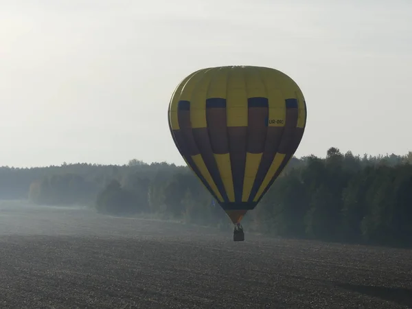 空を飛んでいる気球します カラフルな熱気球青空に岩の風景の上を飛んでします 森や野原の朝熱気球をフライトします — ストック写真