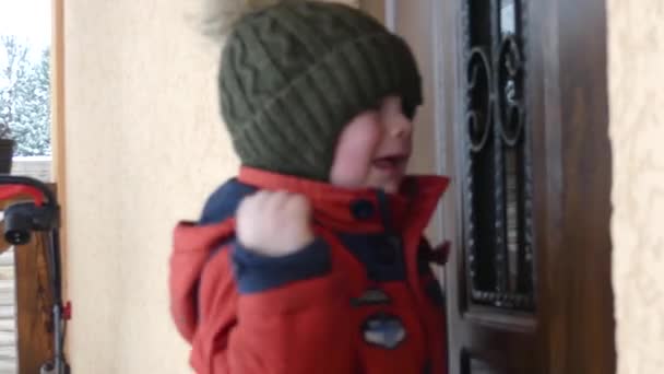 Boy Cries Knocks His Fist Door Doors Open — Stock Video