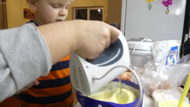 Boy Mixes Pie Cups Mixer Child Prepares Besquit Cake — Stock Video