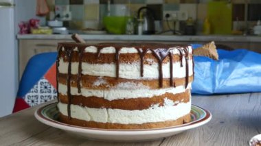 Kadın elleri şeker ve kurabiye ile Çikolatalı Kek süslüyor. Kız çikolatalı kek hazırlıyor. Close.