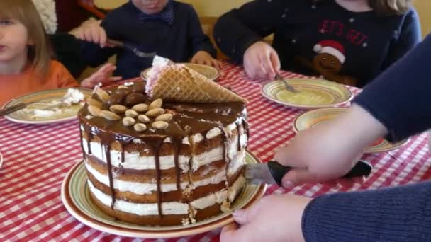 Kyjev Ukrajina Březen 2019 Nůž Řeže Sváteční Dort Kousek Sváteční — Stock video