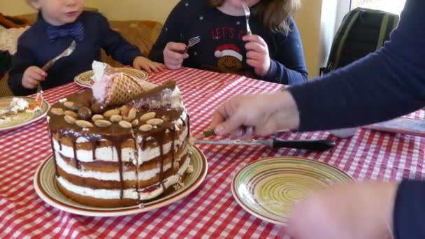 キエフ ウクライナ 2019 ナイフは お祝いのケーキをカットします テーブルの上にお祝いのケーキの一部 手にナイフでチョコレートケーキを切る — ストック動画
