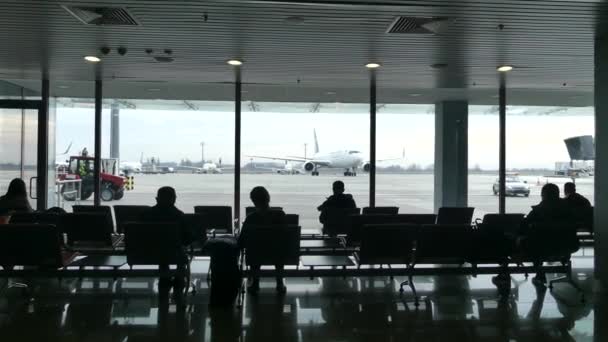 キエフ ボリースピリ ウクライナ 2019 空港で乗客が搭乗を待っています 空港に着陸を待っている乗客 背景には平面がある — ストック動画