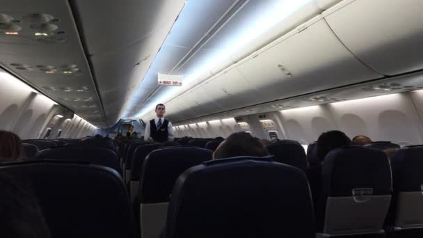ボリースピリ ウクライナ 2019 スチュワードは 離陸前に乗客に指示します スチュワーデスは 離陸前に乗客に指示 — ストック動画