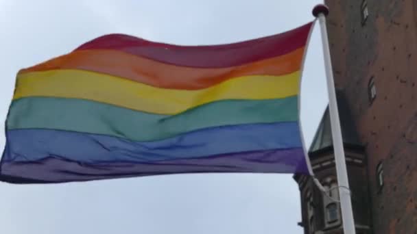 Copenhagen Dinamarca Marzo 2019 Bandera Del Arco Iris Centro Ciudad — Vídeos de Stock