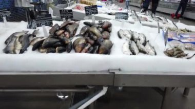 Kiev, Ukrayna, Mayıs-2019: mağazada tezgahta taze dondurulmuş balık. Süpermarkette taze dondurulmuş balık satılır.