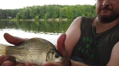 Orman gölünde balıkçılık. Bir adam dönen bir balık tutuyordu. Adam balığı gölde çeker. Kanca üzerinde balık.
