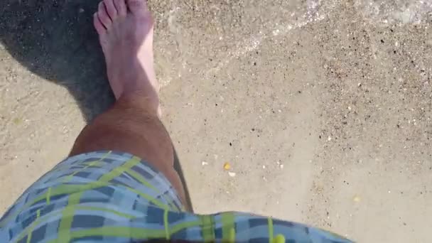 Мужские Ноги Морской Воде Мужские Ноги Наступают Мокрый Песок — стоковое видео