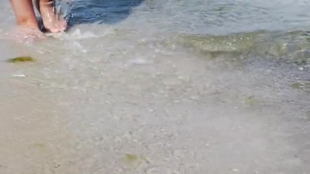 Frauenbeine Meerwasser Frauenfüße Treten Auf Nassen Sand — Stockvideo