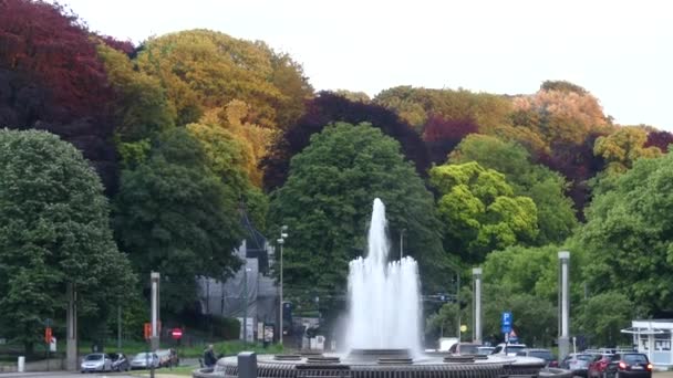 Brussels Belgium May 2019 Fountain Background Colorful Trees Park Atomium — Stock Video