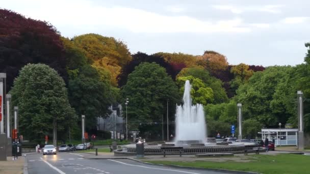 ブリュッセル ベルギー 2019年5月 ブリュッセルの象徴的な建物 アトミウム近くの公園でカラフルな木々の背景に噴水 — ストック動画