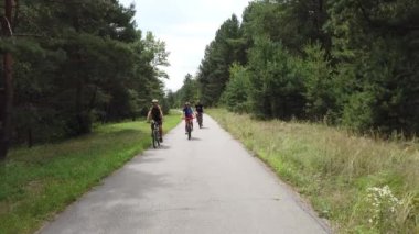 Kiev, Ukrayna, Avrupa - Ağustos 2019: Orman yolunda bisiklet sürmek. Ormanda bir bisikletçi bir yolda gidiyor. Ormanda bisiklet turu.