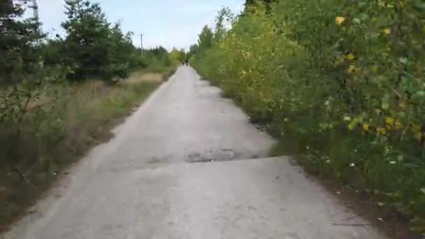 乌克兰基辅 2019年8月 骑自行车在森林路上 一个骑自行车的人骑在森林的路上 — 图库视频影像