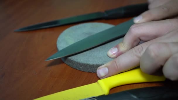 Erkeklerin Elleri Masa Bıçaklarını Keskinleştirir Ahşap Arkaplan — Stok video