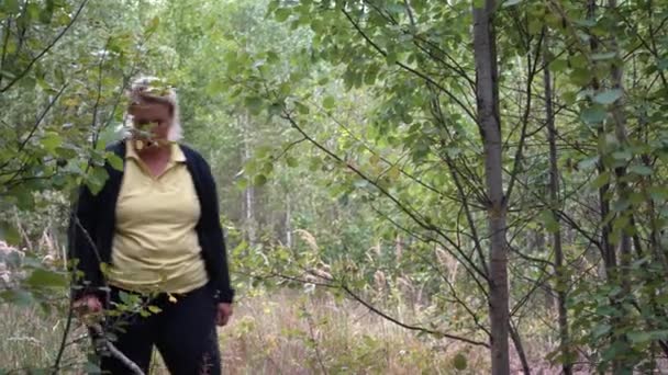 Uma Rapariga Floresta Apanha Cogumelos Menina Encontrou Cogumelo Floresta — Vídeo de Stock