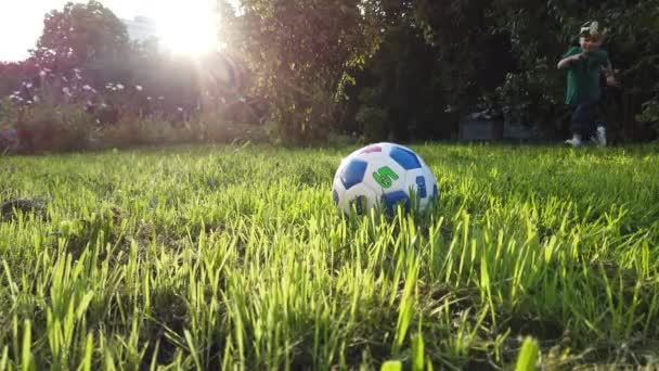 キエフ ウクライナ ヨーロッパ 2019年8月 3歳の子供が太陽の下でボールを蹴る 緑の芝生でサッカーの少年を訓練します サッカーペナルティ — ストック動画