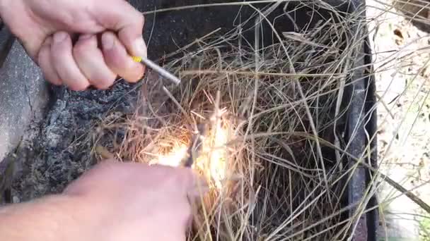 Männerhände Machen Mit Einem Magnesiumstab Mit Feuerstein Ein Feuer Funken — Stockvideo