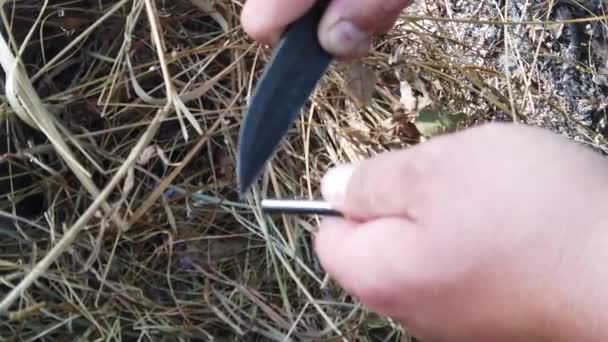 Männerhände Machen Mit Einem Magnesiumstab Mit Feuerstein Ein Feuer Funken — Stockvideo