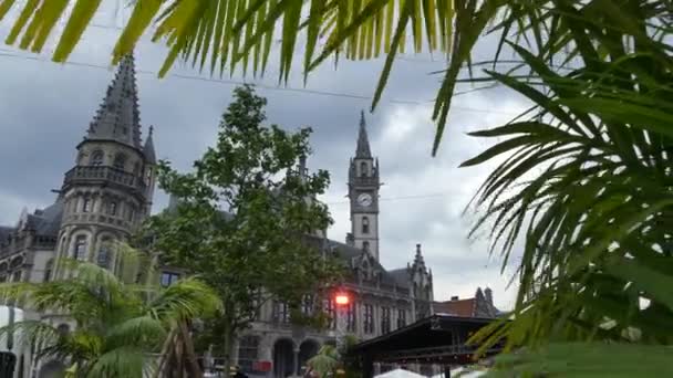 Гент Бельгия Май 2019 Вид Центральную Часть Города Через Пальмовые — стоковое видео