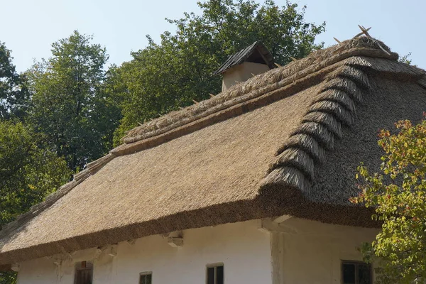 Oud houten huis met rieten dak. Rieten dak van het huis. — Stockfoto