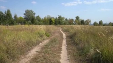 Bozkırdaki patika boyunca kameranın hareketi. Birinci şahıs görünümü.