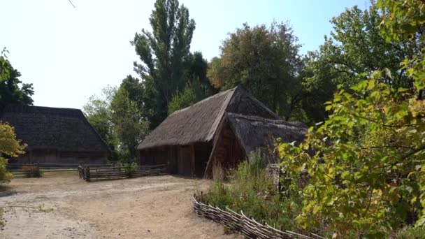 Kiev, Ukraine, Europe - September 2019: Old wooden house with a thatched roof. Old wooden house surrounded by forest. Pirogovo Museum. — Stock Footage Kiev Ukraine Europe September 2019 Old Wooden House Thatched Roof Video Clip