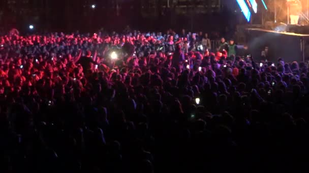 キエフ ウクライナ ヨーロッパ 2019年9月15日 ステージの前で多くの観客が手を振ります 野外音楽フェスティバル ソロマフェスト コンサートのステージ前でファンが踊る — ストック動画