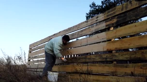 Skäggig Man Målar Ett Nytt Trästaket Bearbetar Ett Nytt Trästaket — Stockvideo