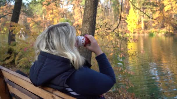 ベンチに座っている女の子は 湖と秋の森の背景にスマートフォンを使用しています 湖の前の秋の森のベンチに女の子が座っている — ストック動画