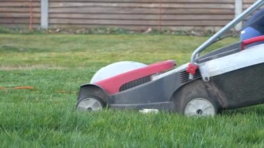 Çim biçme makinesi çimleri biçer. Çimlerin üzerinde çıplak ayaklar.