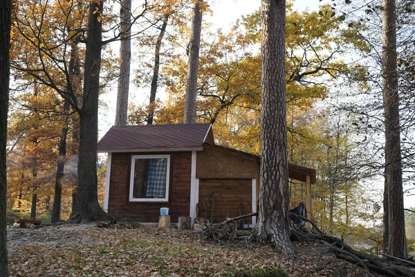 Sonbahar ormanındaki ahşap ev. Sonbaharda dağ evi — Stok fotoğraf