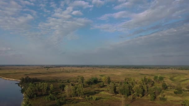 Vista aérea. Naturaleza intacta cerca del río Desna. Un río sin tocar la naturaleza. Río entre campos y bosques. Árboles junto al río. — Vídeo de stock