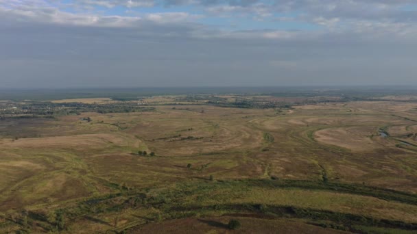 Vista aerea. Natura incontaminata vicino al fiume Desna. Un fiume immerso nella natura incontaminata. Fiume tra campi e foreste. Alberi lungo il fiume. — Video Stock