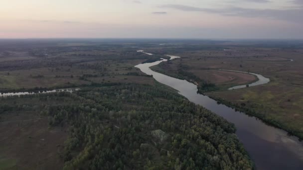 Letecký pohled. Nedotčená příroda u řeky Desna. Řeka mezi nedotčenou přírodou. Řeka mezi poli a lesy. Stromy u řeky. — Stock video