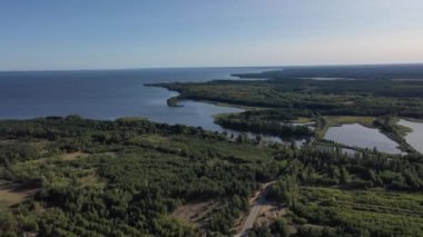 Hava görüntüsü. Ormanın arka planında orman gölü. Kiev Barajı, Dnipro Nehri. Ormanın ortasında asfalt yol.